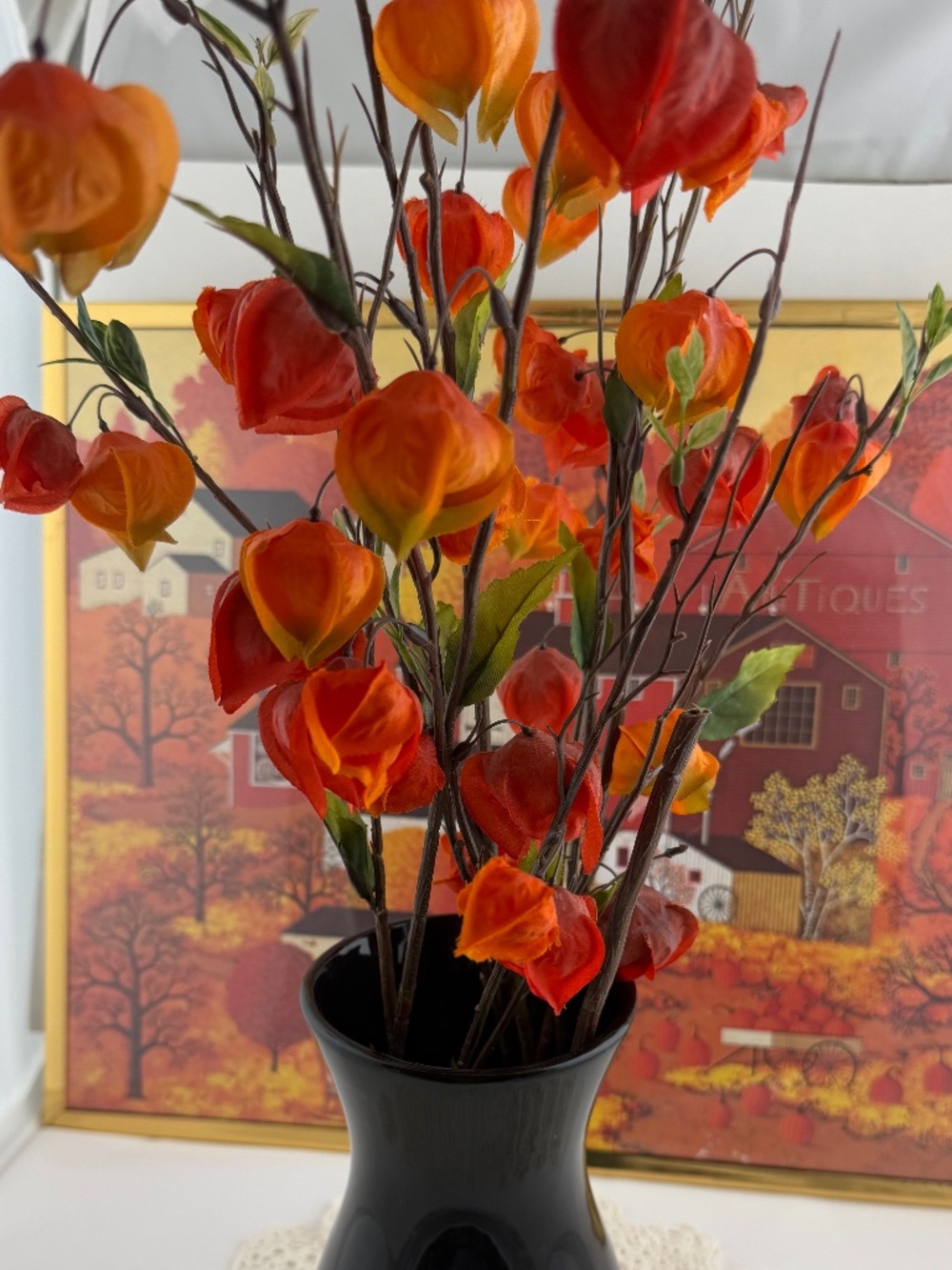 Autumn Floral Arrangement Faux Orange Chinese Lantern Stems Black Vase FALL